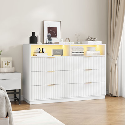 Fluted Dresser For Bedroom With 6 Drawers And Outlet, Wooden Double Dresser Chest Of Drawers With Rgb Light For Bedroom, Living Room, Entryway, Hallwa