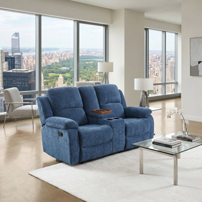 Seese Bayside Light Blue Fluffy Fabric Manual Recling Loveseat (1 Piece)