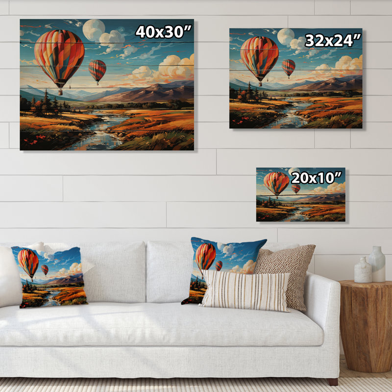 «Orange Hot Air Ballon Bold Landscape I» sur impression sur bois, H 24 po x l 32 po x P 0,78 po