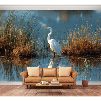 Wall Mural Peel and Stick Vintage Nature Aesthetic Cozy Egret Bird Crane Water Reflection Lake Large Wallpaper Self-Adhesive Removable Contact Paper Wall Decor for Living Room Bedroom Nursery 100"H x 144"W