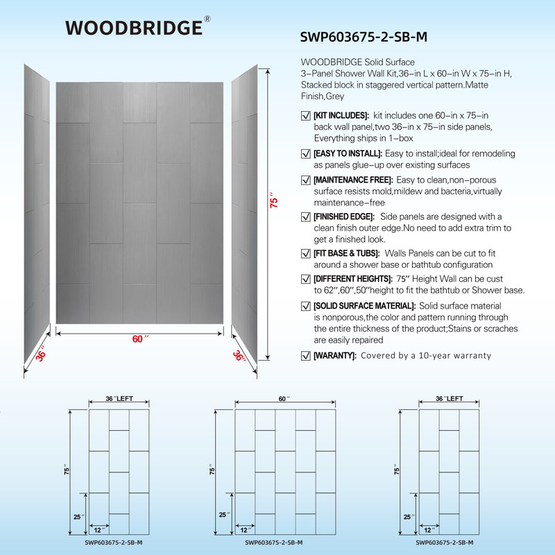 75" H x 60" W Matte Gray Composite Alcove Shower Wall Panels