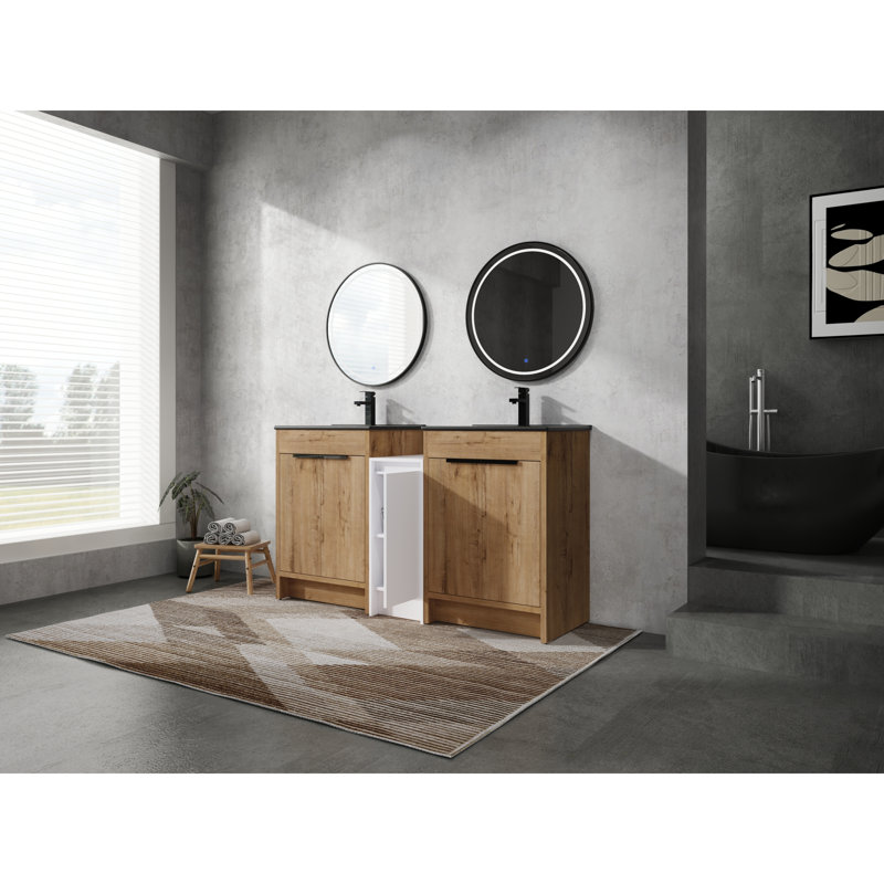 Ensemble de meuble-lavabo double moderne: lavabo en céramique noire, unités de rangement doubles et système de porte à fermeture en douceur