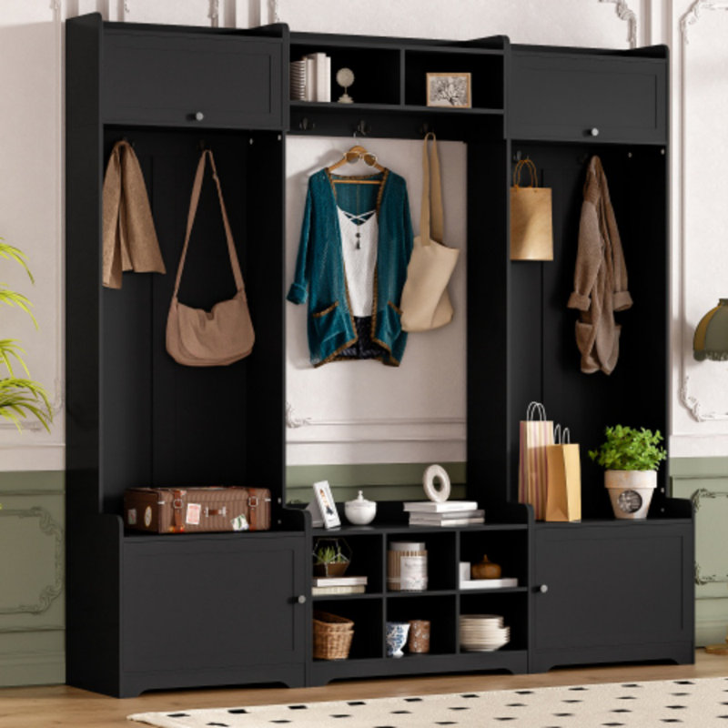 Modern Hall Tree With Bench & Shoe Storage - 79" Wide Entryway Organizer With 8 Cubbies, 7 Coat Hooks, Adjustable Shelf For Hallway Or Living Room