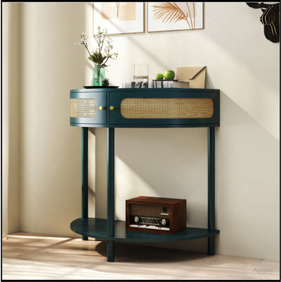 Table de bout unique en demi-lune avec porte coulissante en rotin, console élégante en demi-cercle avec 2 armoires de rangement en rotin et tablette inférieure pour le salon, la chambre à coucher, le bureau, le couloir (vert)
