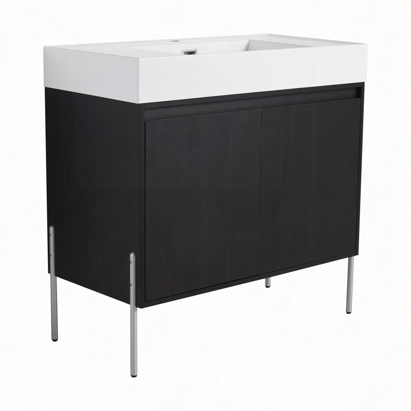 Meuble-lavabo sur pied 36 po avec lavabo en résine, armoire de rangement avec portes à fermeture douce (ensemble KD)