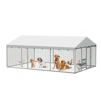 15x10 FT Large Outdoor Dog Kennel with Canopy, Heavy Duty Galvanized Steel Frame, Waterproof Cover, Built-in Elevated Feeding Bowls, Escape-Proof Lockable Pet Playpen for Large Dogs & Multiple Animal