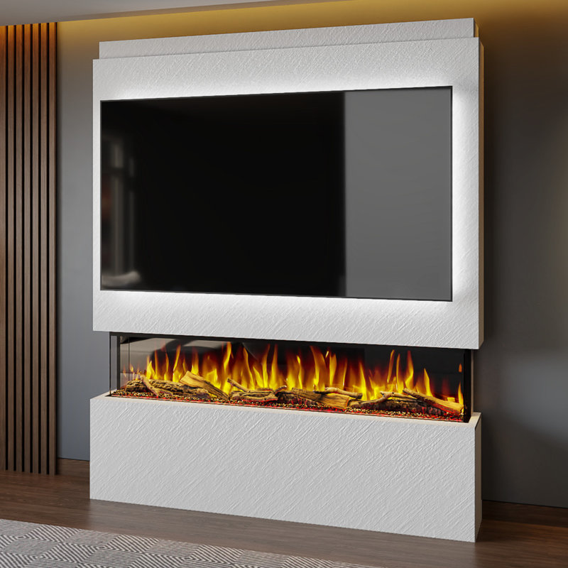 Evolution Fires Pre-Built Media Wall Package 20, finished in textured Venetian Plaster, includes Spectrum Series 60 Series 3-Sided Electric Fireplace