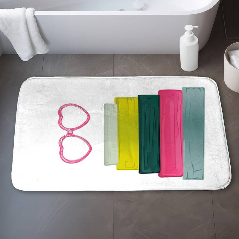 Heart shape glasses with books Bath Mat with Non-Slip Backing - Quick Dry Memory Foam Bathroom Rug - Absorbent - Modern Plush Spa-Style - Machine Washable