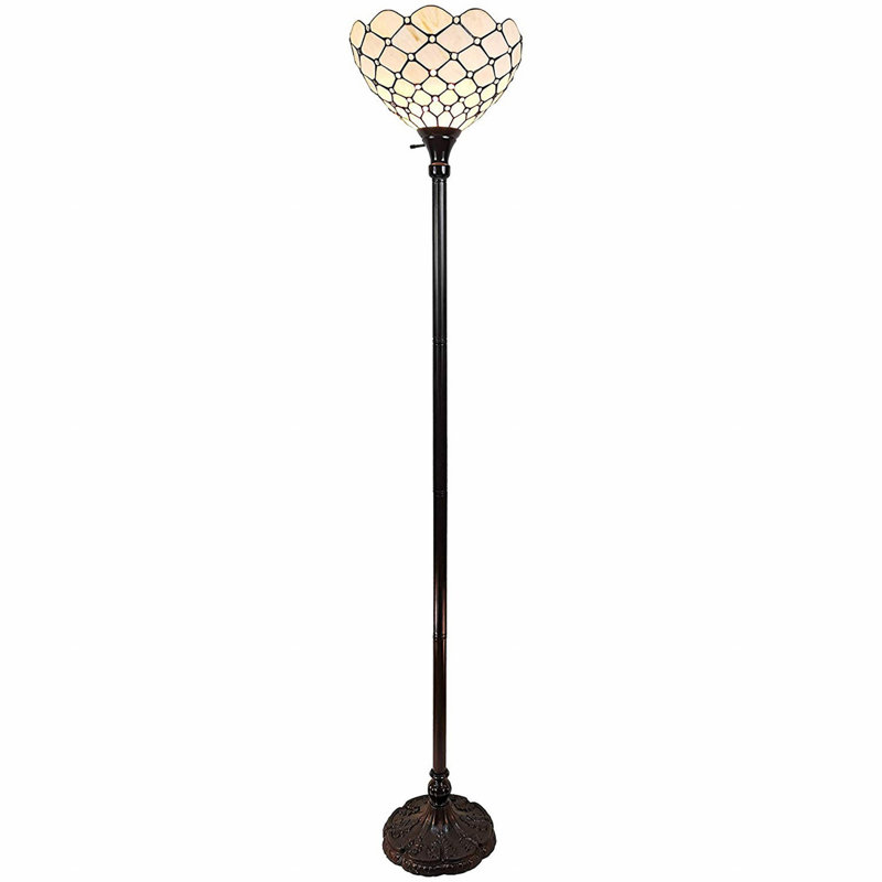 Lampe sur pied de 62 po de forme traditionnelle brune avec abat-jour en verre teinté blanc