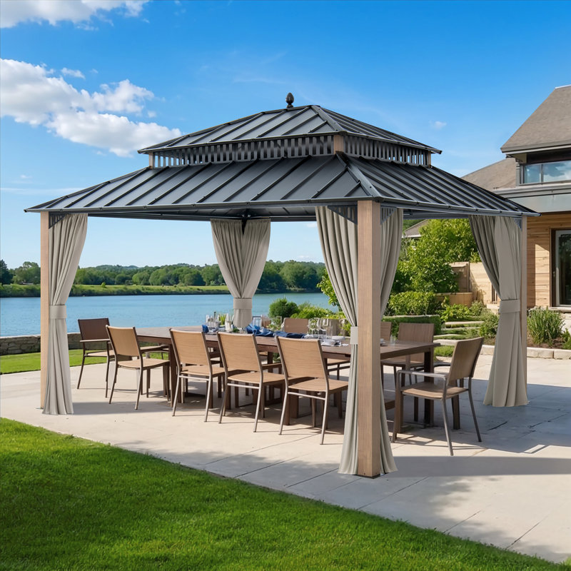 SUNJOY Kingston 14x12 Gazebo, Steel Hardtop Gazebo with Curtain and Netting - Aluminum Posts, Black, Woodgrain 