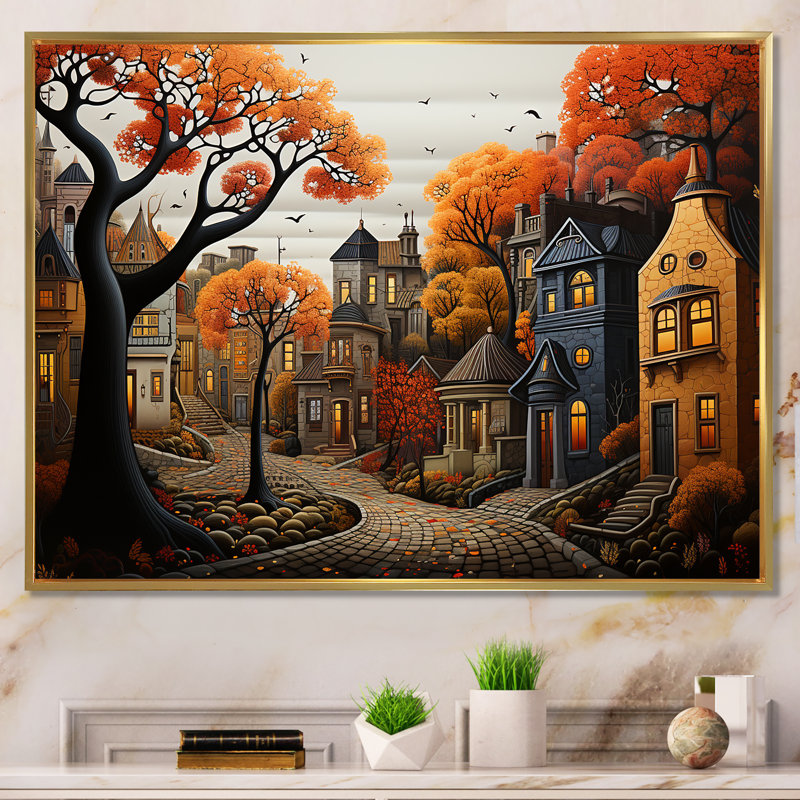 Cozy village in Autumn Moonlit III - Art mural art déco urbain, Cadre flottant noir, H 24 po x l 32 po x P 1 po