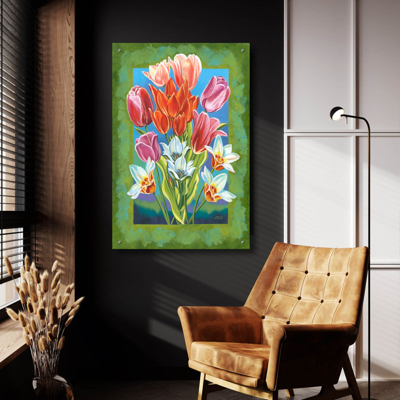 «Bouquet In Border 3» par Carolee Vitaletti, art mural en verre acrylique, H 36 po x l 24 po x P 0,2 po