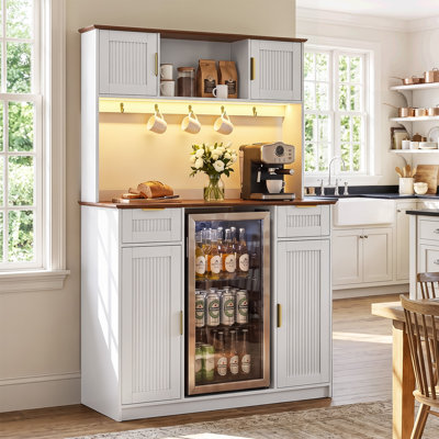70.1" Tall Coffee Bar Cabinet with Mini Fridge Space, Kitchen Pantry Cabinet with LED Light & Power Outlet, White