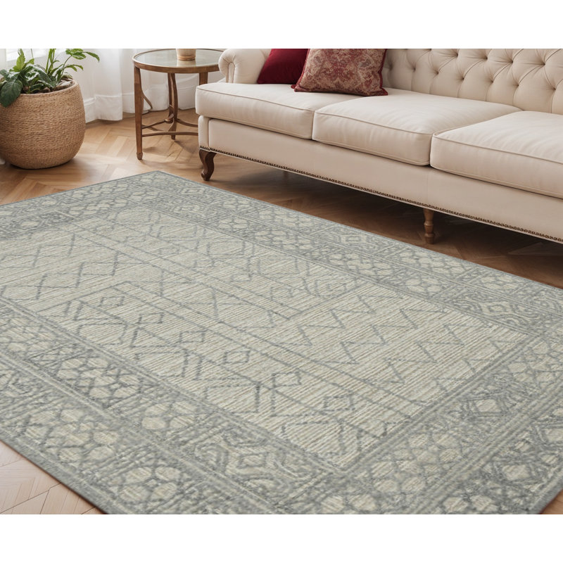 Tapis crocheté à la main 5 pi x 8 pi en laine gris et ivoire Southwestern
