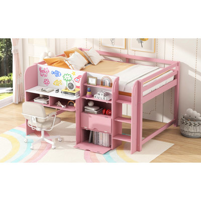 Pink Full Size Low Loft Bed With Built - In Desk, Three Storage Compartments, Open Shelves, Features And Space Utilizing Bedroom Layout Bed, Pink, Featuring Bookcase, Under Storage, Guardrail,