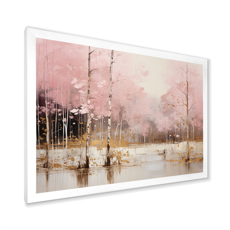 «Minimalisme rose et forêt dorée I», art sur toile, H 24 po x l 32 po x P 1 po, Cadre simple blanc