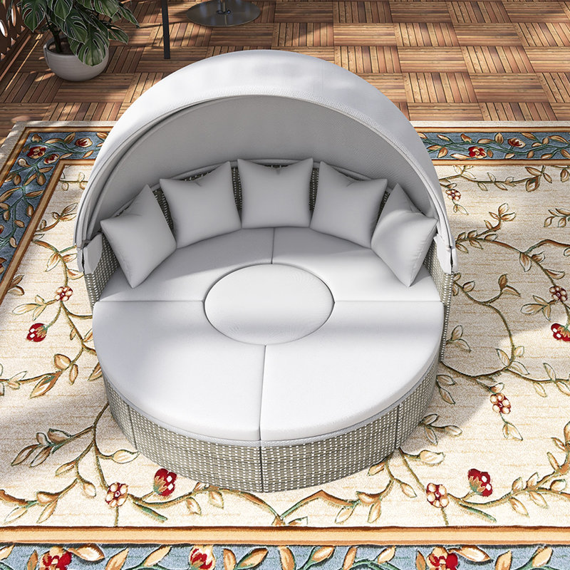 5-Piece Round Outdoor Rattan Sectional Daybed With Retractable Canopy, Gray, Gray