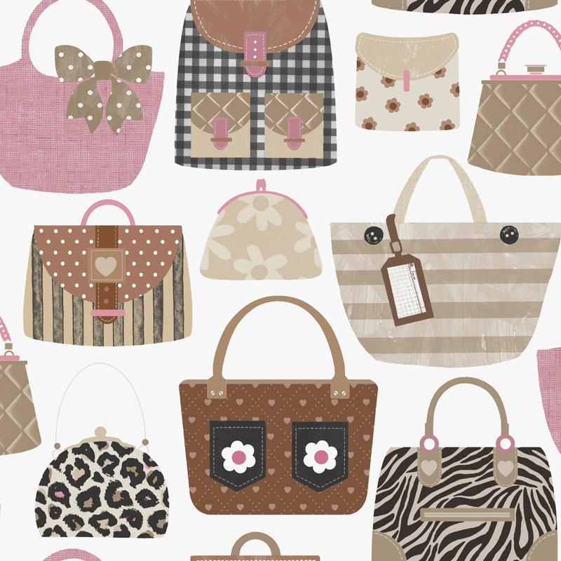 Kids and Teens Collection Purses Wallpaper Roll, Pink/Brown