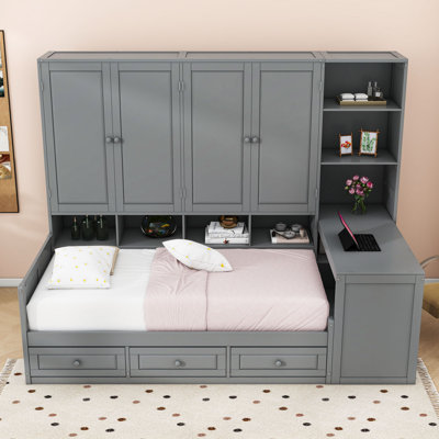 3 Drawers Wooden Daybed with Built-In Desk, Shelves, and Cabinets