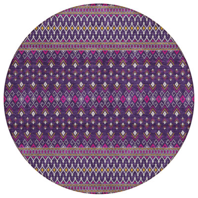 8' Purple Pink And Yellow Round Tribal Washable Indoor Outdoor Area Rug