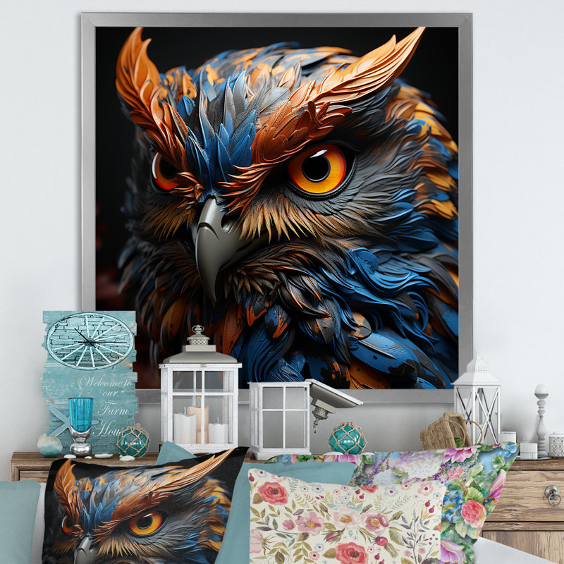 Portrait de chouettes sagesse II, Cadre simple argenté, H 36 po x l 36 po x P 1,5 po