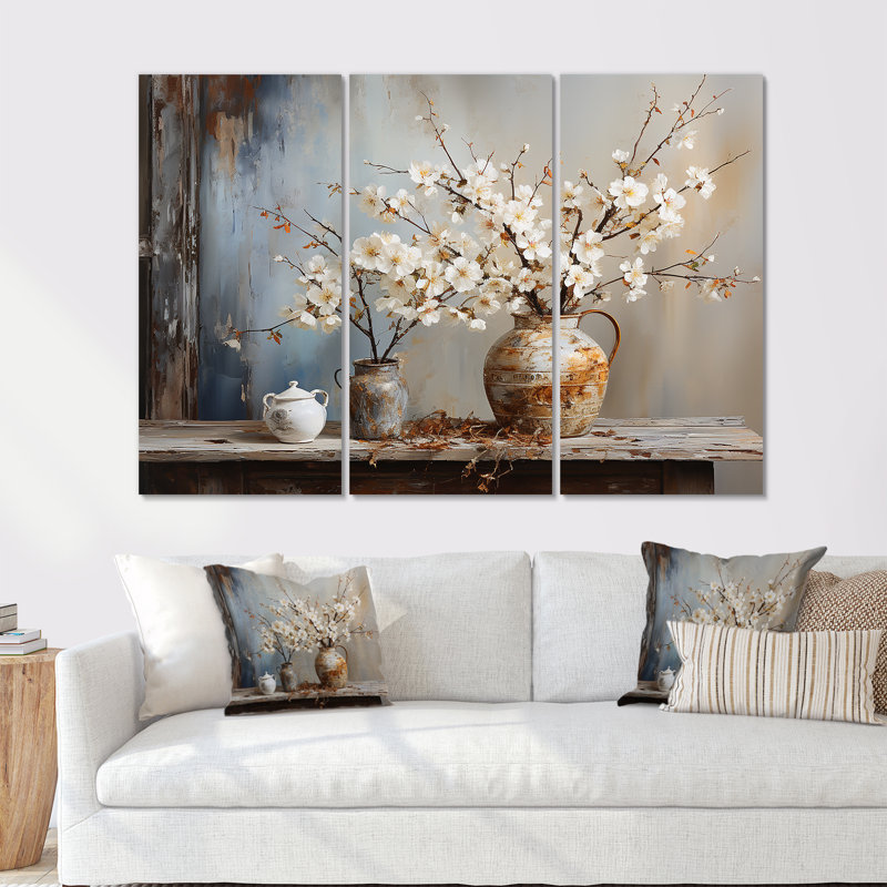 Poterie et fleurs nature morte - ensemble de salon d'art mural arbre, H 32 po x l 48 po x P 1 po