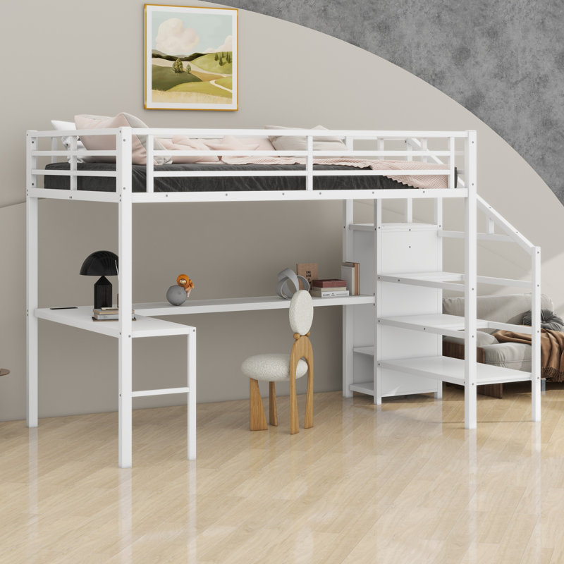 Loft Bed With L-Shaped Desk And USB,Wardrobe Shelf And LED, White