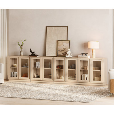 Buffet de 126 po avec 8 portes en verre, buffet multifonctionnel avec grand rangement et tablette réglable, armoire à café pour la cuisine, le salon et le chêne