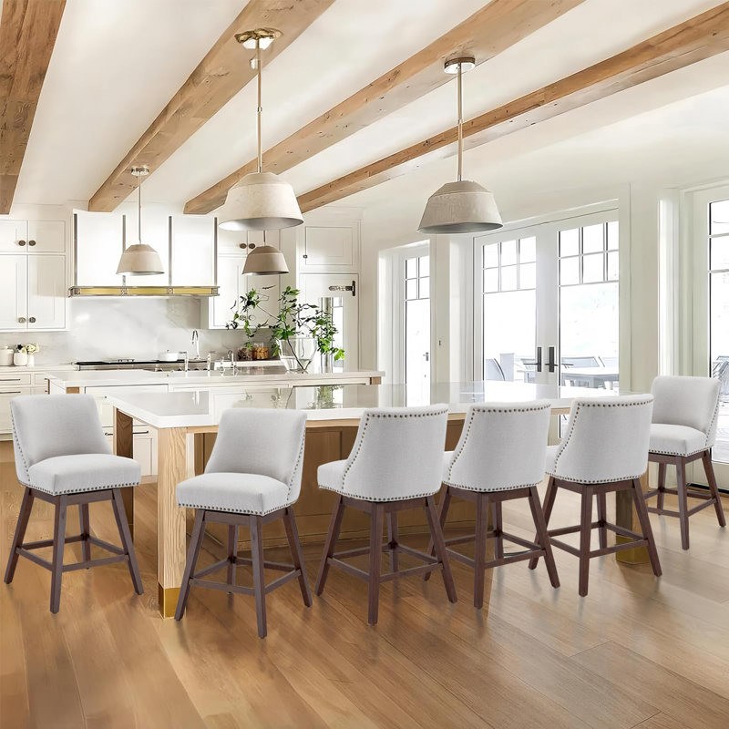 Tabouret de bar de cuisine pivotant en lin avec pieds en bois massif Kitchen, Blanc