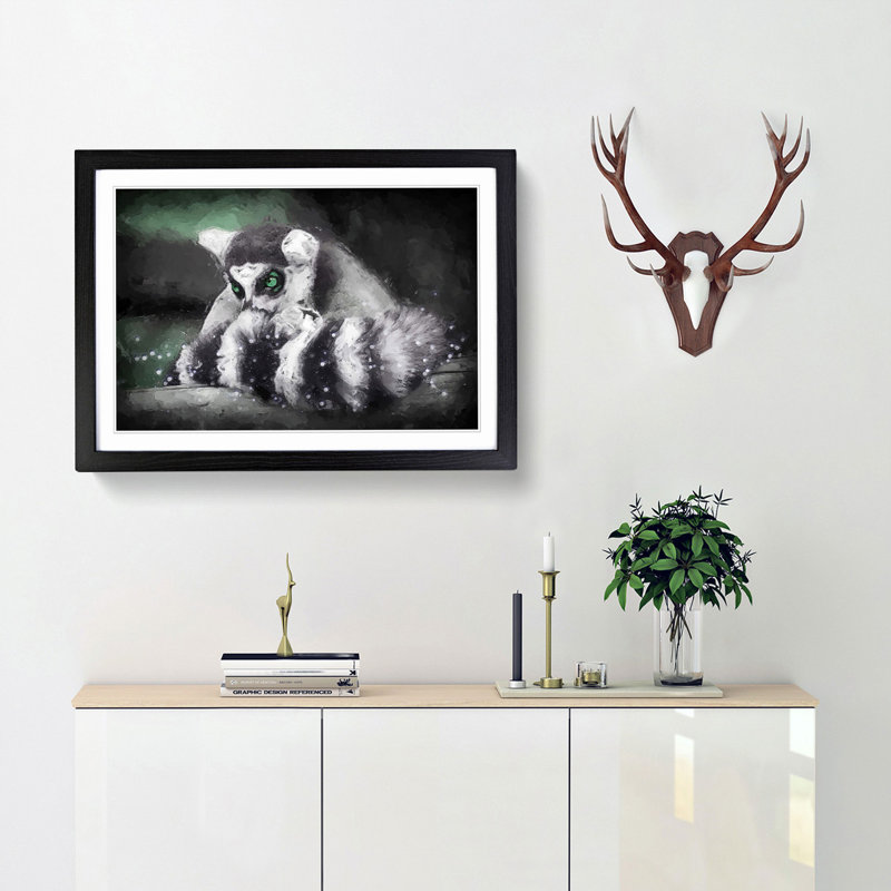 Ring-Tailed Lemur in Abstract - Picture Frame Painting Print, 35cm H x 50cm W x 2cm D, Black