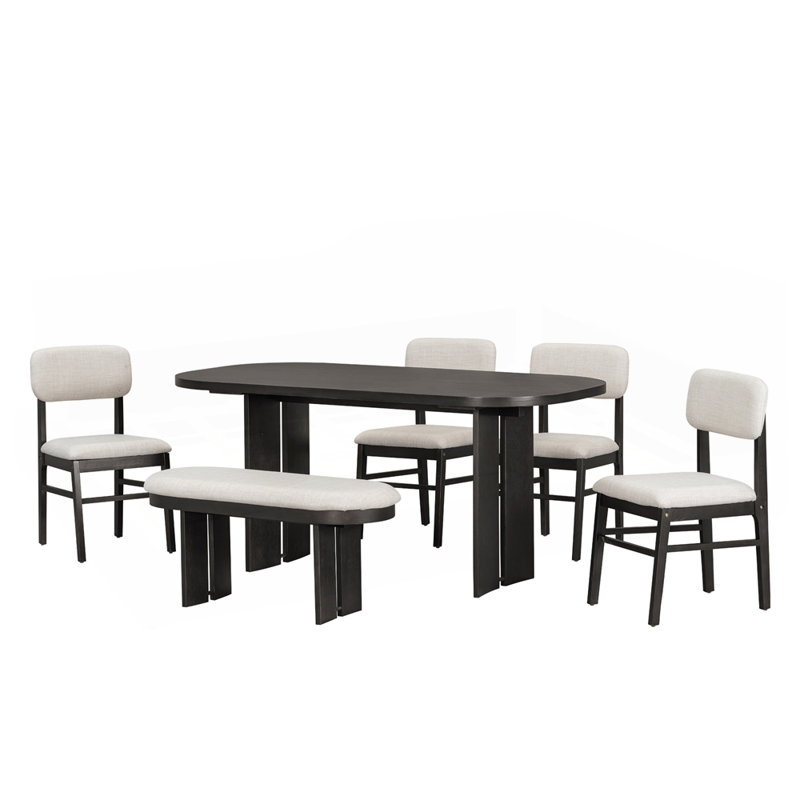 6-Piece Upholstered Rectangular Dining Room Table Set with Bench, Espresso