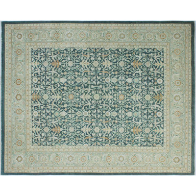 Tapis de zone en laine vert noué la à la main 8 pi x 10 pi one-of-kind Romona