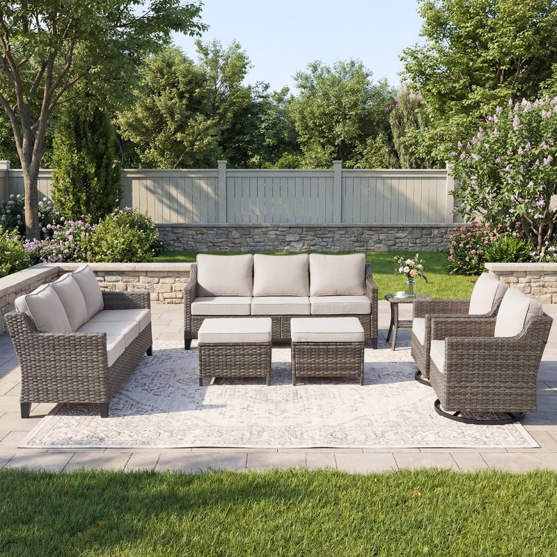 Arlene 7-Piece Outdoor Wicker Patio Conversation Set With Swivel Chairs, Ottomans And Side Table, Beige