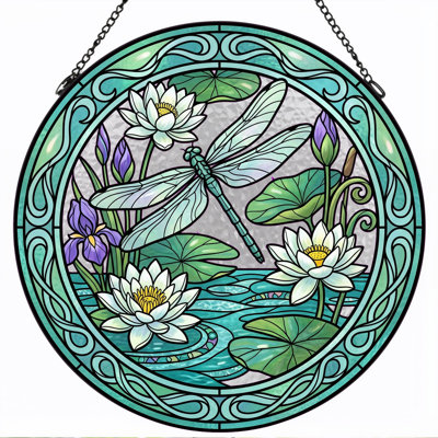 Dragonfly Pond Stained Glass Window Panel，12"H