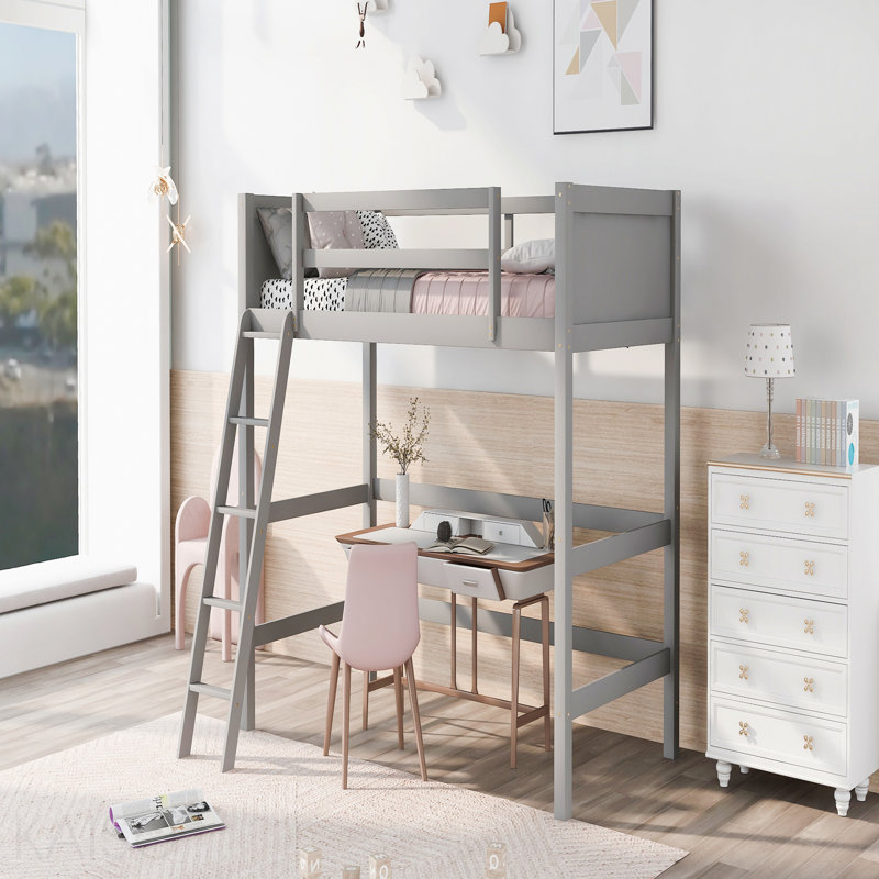 Lit mezzanine simple en bois massif avec échelle, Gris