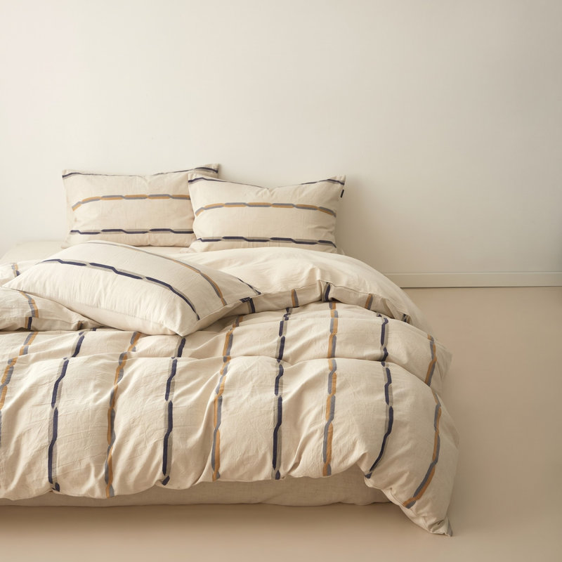 Ensemble de housse de couette à rayures en coton et lin brun Faith, Housse de couette grand et 2 taies d'oreiller