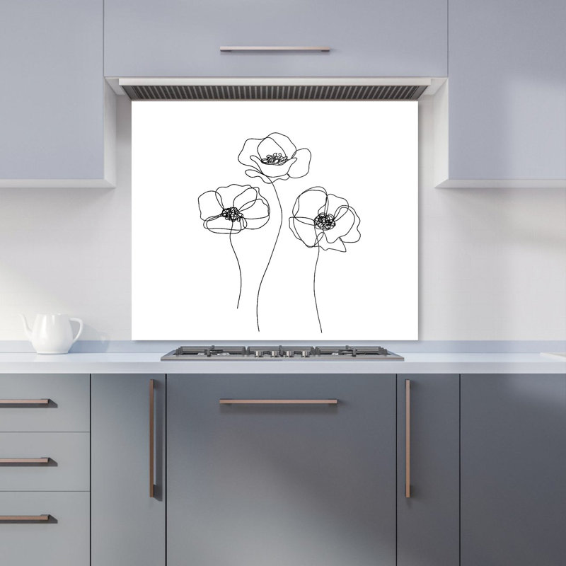 Monochrome Line Drawn Poppies Premium Glass Kitchen Splashback W600mm x H750mm
