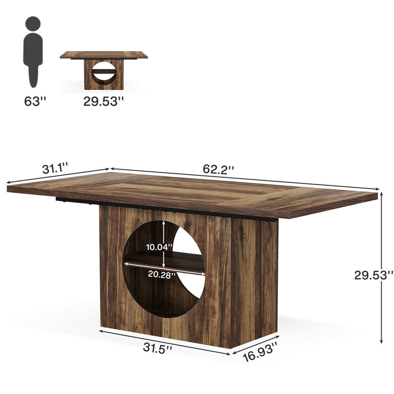 63" Rectangular 2-Tier Storage Dining Table for 4-6 People, Farmhouse Kitchen Table Dinner Table