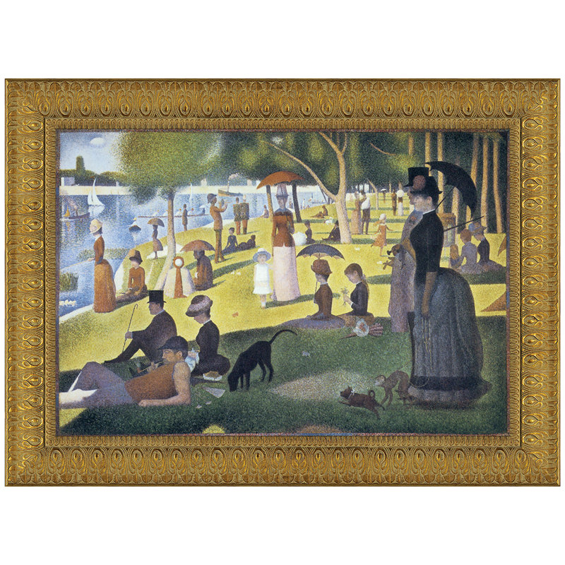 Large Multi-Colored Pointillism Landscape Oil Painting with Gold Frame