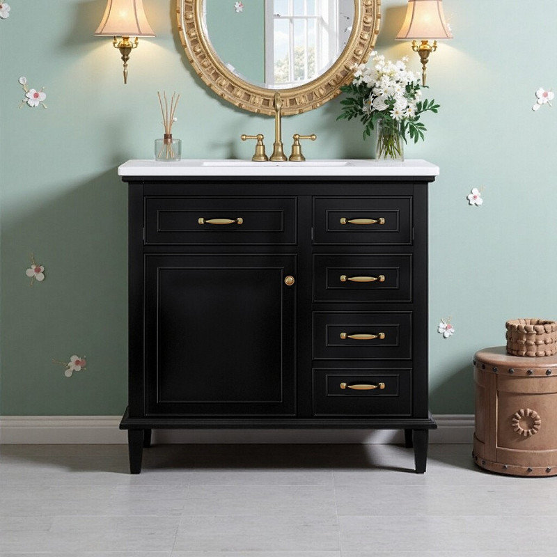 Meuble-lavabo sur pied 36 po avec lavabo en céramique, Noir