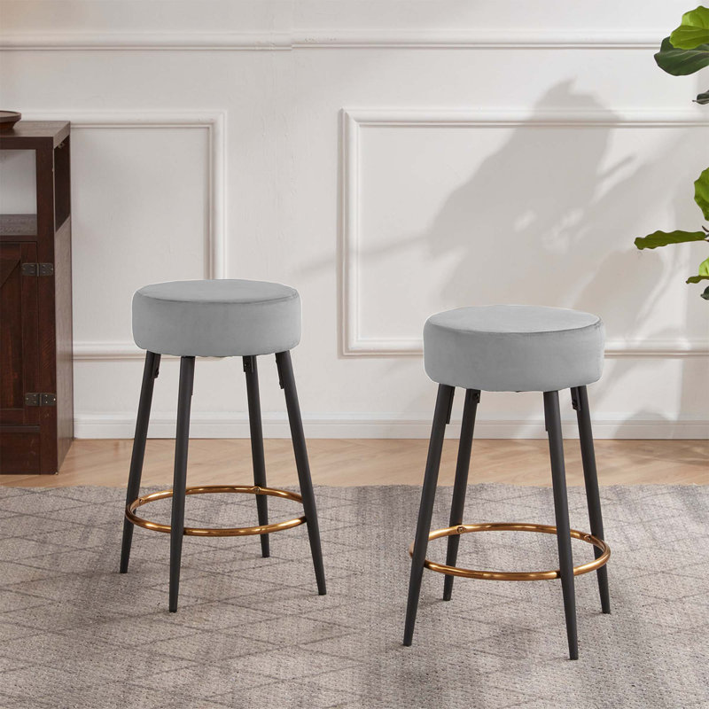 Seattle 14" W Velvet and Iron Bar Stool, Gray, Counter Stool (24" Seat Height)