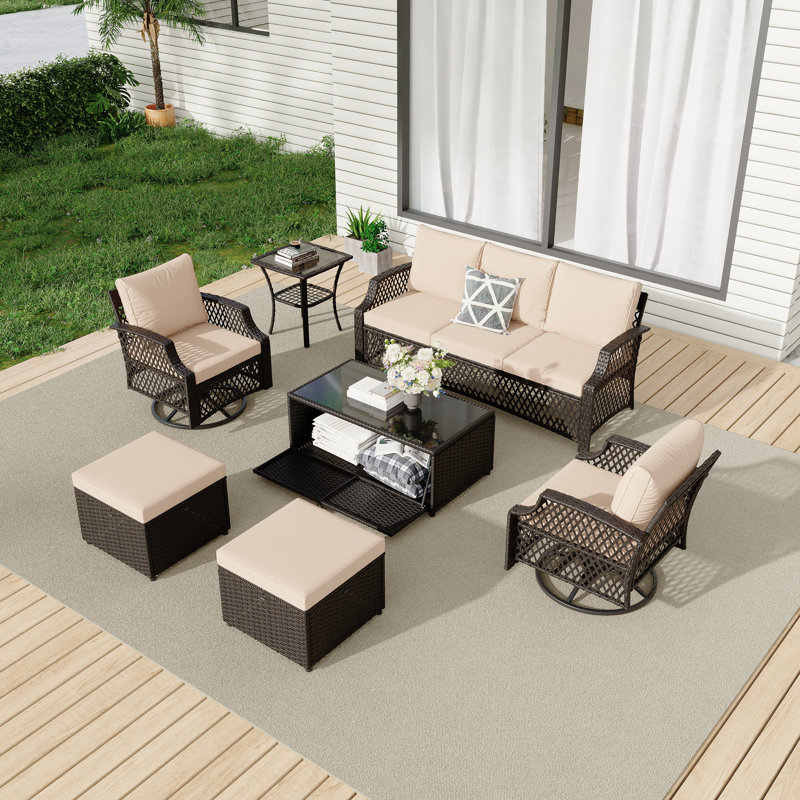 7 Piece Patio Furniture Set, Wicker Outdoor Conversation Sofa Set With Swivel Chairs, 2 Ottomans, Storage Coffee Table, Khaki