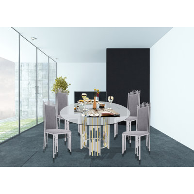 Mercer41 Inc Furniture Stainless Steel 51" Round Clear Glass Dinning Table Set For 4 With 47" Dining Chairs