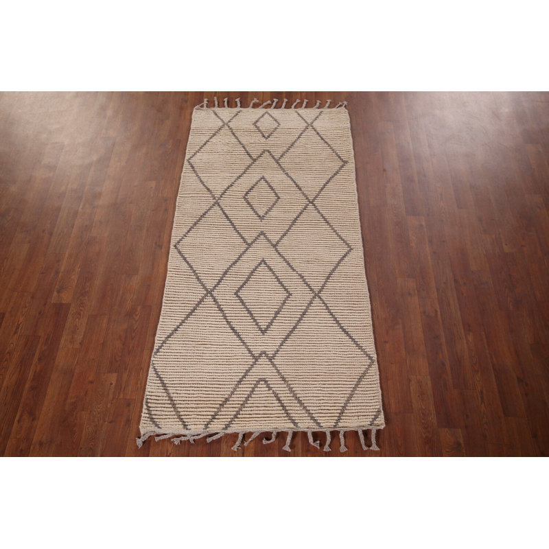 Tapis oriental rayé marocain en laine ivoire 3 x 6