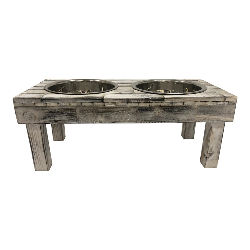 Large White Wash Reclaimed Wood Elevated Double Bowl Feeder