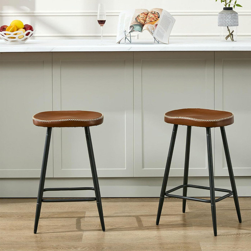 Adjustable Brown Faux Leather Saddle Bar Stools with Metal Legs