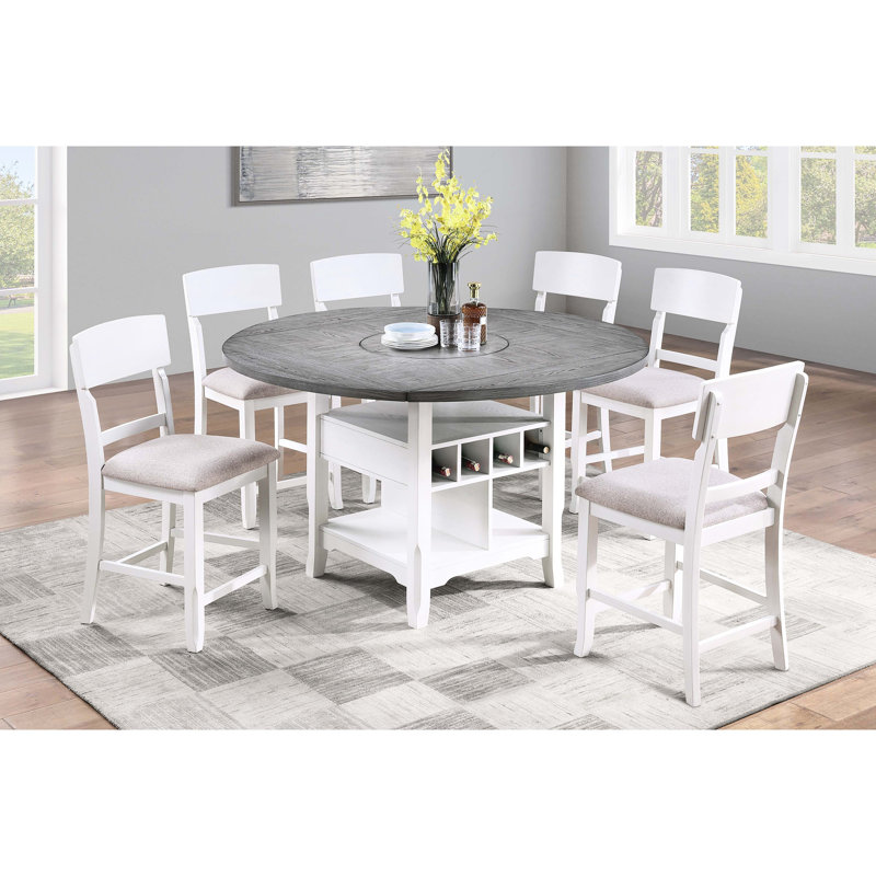 Table de style classique, ronde de 60 pouces avec abattants, gris et blanc antique, tablettes intégrées, hauteur de comptoir pour la cuisine
