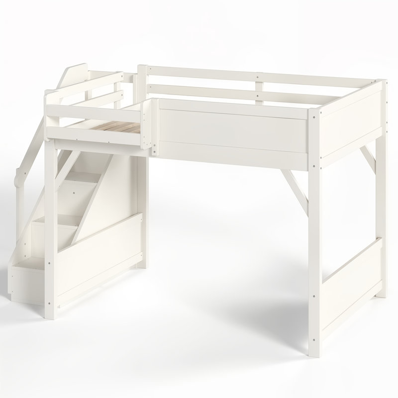 Lit mezzanine double Haven avec garde-corps pleine longueur et escalier pour enfants