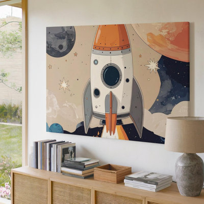 Space Rocket Blast Off Canvaswhimsical Space Adventure Canvas Wall Art Ready To Hang Gallery Wrapped Home Decor Modern Design Decor