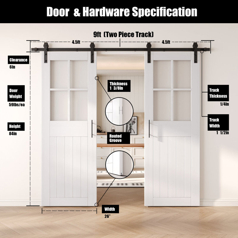 Portes de grange en verre givré non assemblées et finies avec grille d'installation non-Bypass de 26 po x 84 po Homacer